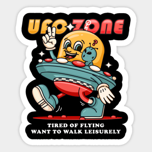 Ufo Zone, a cartoon alien mascot carrying a leisurely walking ufo Sticker